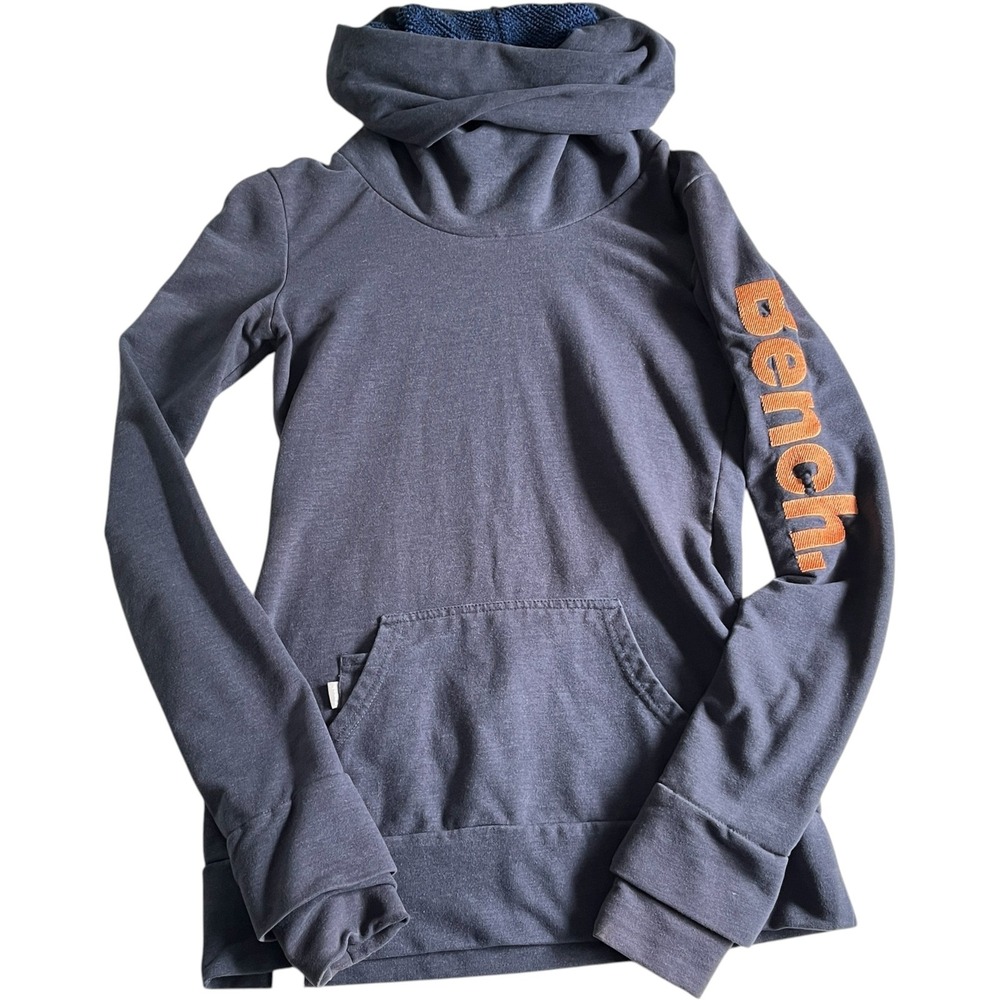 Bench Womens Funnel Neck Hoodie Navy Orange Logo Thumbhole Pullover Sweatshirt S